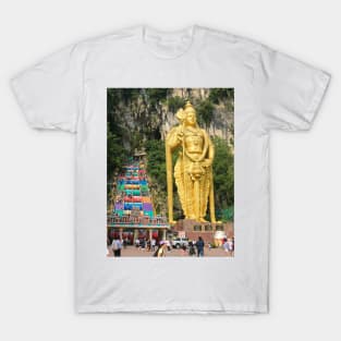 Lord Murugan with prayer wheels and stairs at Batu Caves T-Shirt